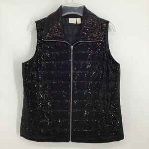 Chico’s Collection All Over Sequin Quilted Vest Full Zip Front Black Size 1